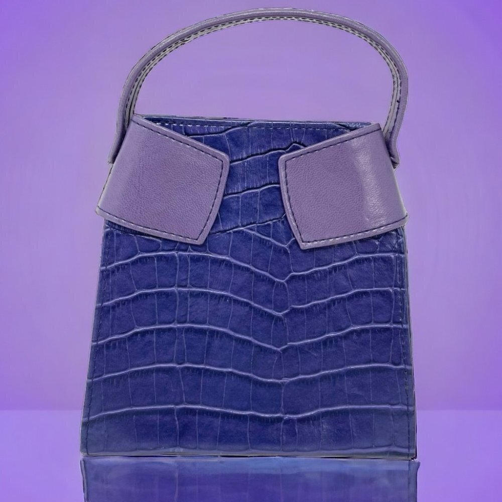 Purple Croc Structured Mini Top Handle Box Bag w/ Magnetic Flap Closure